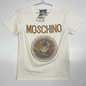 NWT Moschino TShirt Womens Small Cream Rhinestone Teddy Bear Short‎ Sleeve Top
